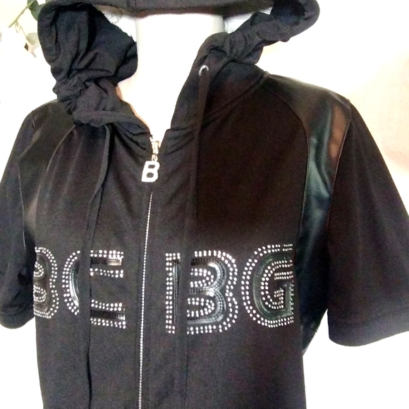 BCBG Hoodie +Black, Silver Bling & logo, ZipUp, B medallion, leather Looking,XL - Picture 2 of 11